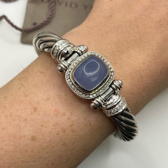 David Yurman Blue Chalcedony Diamond Sterling Silver 18K Gold Cable Bracelet - Picture 9 of 11